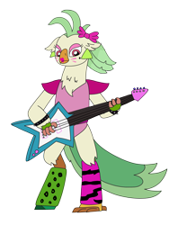 Size: 2448x3264 | Tagged: safe, artist:supahdonarudo, imported from derpibooru, captain celaeno, avian, bird, parrot pirates, bow, clothes, ear piercing, earring, electric guitar, five nights at freddy's, five nights at freddy's: security breach, glam rock, glamrock chica, guitar, holding, jewelry, leggings, leotard, lipstick, makeup, musical instrument, ornithian, piercing, pirate, simple background, transparent background