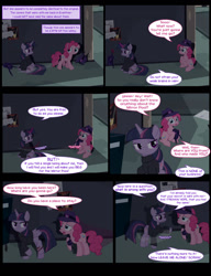 Size: 1042x1358 | Tagged: safe, artist:dendoctor, imported from derpibooru, mean twilight sparkle, pinkie pie, twilight sparkle, alicorn, earth pony, pony, comic:clone.., alternate universe, clone, clothes, comic, female, injured, pinkie clone, rain, twilight sparkle (alicorn)