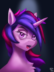 Size: 1000x1346 | Tagged: safe, artist:vezja, imported from derpibooru, twilight sparkle, pony, unicorn, bust, chest fluff, female, horn, looking at you, mare, open mouth, portrait, signature, simple background, spotlight, teeth, unicorn twilight