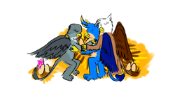 Size: 800x400 | Tagged: safe, artist:horsesplease, imported from derpibooru, gabby, gallus, gilda, griffon, cuddling, egg, family, female, gabbus, gallus gets all the birds, gilbus, gildus, lucky bastard, male, nest, parent:gabby, parent:gallus, parent:gilda, parents:gabbus, parents:gildus, shipping, simple background, sleeping, straight, white background, wife