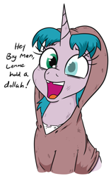 Size: 523x834 | Tagged: safe, artist:jargon scott, imported from derpibooru, oc, oc only, oc:germy, pony, unicorn, blind eye, clothes, dialogue, female, homeless, hoodie, mare, open mouth, open smile, simple background, smiling, talking to viewer, tooth gap, white background