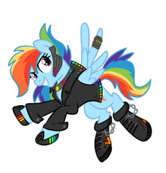 Size: 768x799 | Tagged: safe, artist:sjart117, imported from derpibooru, rainbow dash, pegasus, pony, ask the mane 11, biker, boots, clothes, cyberpunk, jacket, leather jacket, permission given, shoes, simple background, solo, transparent background