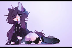 Size: 1280x866 | Tagged: safe, artist:astralblues, imported from derpibooru, oc, oc only, pony, unicorn, cat socks, clothes, eye clipping through hair, female, fishnets, hoodie, mare, solo