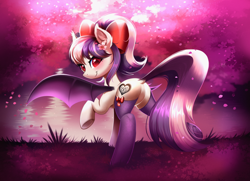 Size: 3082x2237 | Tagged: safe, artist:allyster-black, artist:confetticakez, imported from derpibooru, oc, oc only, oc:sweet velvet, bat pony, pony, bat pony oc, blushing, bow, cherry blossoms, clothes, collaboration, cottagecore, cute, flower, flower blossom, flower in hair, flower petals, forest, lake, looking at you, looking back, looking back at you, ponytail, raised hoof, socks, solo, thigh highs