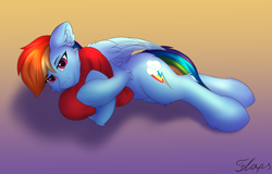 Size: 6109x3900 | Tagged: safe, artist:flapstune, imported from derpibooru, rainbow dash, pegasus, pony, ear fluff, female, fluffy, hug, looking at you, lying, mare, pillow, pillow hug, signature, simple background, smiling, solo, wings