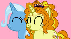 Size: 1034x566 | Tagged: safe, artist:jadeharmony, artist:tech-kitten, imported from derpibooru, adagio dazzle, trixie, pony, unicorn, base used, duo, equestria girls ponified, female, grin, lesbian, mare, pink background, ponified, shipping, simple background, smiling, triagio