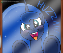 Size: 994x841 | Tagged: safe, artist:doublewbrothers, imported from derpibooru, princess luna, alicorn, pony, against glass, cute, ethereal mane, female, glass, huzzah, looking at you, lunabetes, mare, open mouth, open smile, smiling, solo, sparkly eyes, starry mane, underhoof, uvula, window, wingding eyes