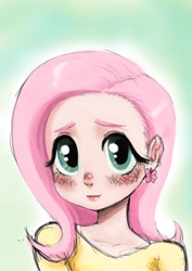 Size: 827x1169 | Tagged: safe, artist:doublewbrothers, imported from derpibooru, fluttershy, human, cute, ear piercing, earring, female, gradient background, humanized, jewelry, looking at you, old art, piercing, shyabetes, smiling, smiling at you, solo
