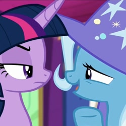 Size: 640x640 | Tagged: safe, imported from derpibooru, screencap, trixie, twilight sparkle, alicorn, pony, no second prances, season 6, cropped, female, lesbian, shipping, twilight sparkle (alicorn), twilight's castle, twixie