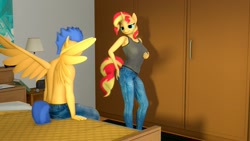 Size: 1920x1080 | Tagged: safe, artist:greenvazzy, imported from derpibooru, flash sentry, sunset shimmer, anthro, pegasus, unicorn, 3d, breasts, busty sunset shimmer, clothes, duo, female, flashimmer, grope, implied tail hole, jeans, male, pants, partial nudity, self grope, shipping, source filmmaker, spread wings, straight, topless, wingboner, wings