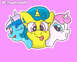 Size: 2500x2000 | Tagged: safe, artist:papacruda09, imported from derpibooru, lemon hearts, minuette, twinkleshine, pony, unicorn, :p, background pony, happy, horn, horns, looking at you, one eye closed, simple background, smiling, teeth, tongue out, wink, winking at you