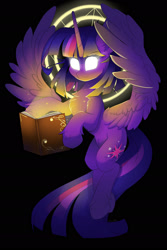 Size: 1280x1921 | Tagged: safe, artist:natanvok, imported from derpibooru, twilight sparkle, alicorn, pony, book, chest fluff, ear fluff, glowing, glowing eyes, solo, twilight sparkle (alicorn)