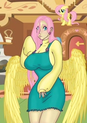 Size: 1000x1414 | Tagged: safe, artist:mmmmmmagick, imported from derpibooru, fluttershy, human, pegasus, pony, big breasts, breasts, busty fluttershy, clothes, dress, humanized, looking at you, solo, sweater, sweatershy, winged humanization, wings