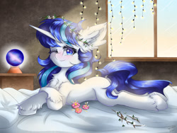 Size: 1280x960 | Tagged: safe, artist:natanvok, imported from derpibooru, oc, oc only, pony, unicorn, chest fluff, ear fluff, floral head wreath, flower, one eye closed, solo, string lights