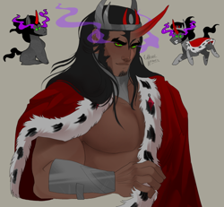 Size: 640x591 | Tagged: safe, artist:ghoulhowls, imported from derpibooru, king sombra, human, pony, armor, beard, cape, clothes, crown, dark skin, facial hair, horn, horned humanization, humanized, jewelry, looking at you, male, muscles, partial nudity, regalia, simple background, solo, sombra eyes, stallion, stupid sexy sombra, topless