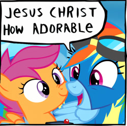Size: 680x673 | Tagged: safe, edit, edited edit, edited screencap, editor:maonyman, imported from derpibooru, screencap, rainbow dash, scootaloo, pegasus, pony, parental glideance, boop, close-up, clothes, dialogue, duo, female, happy, looking at each other, looking at someone, mare, noseboop, open mouth, reaction image, scootalove, scrunchy face, smiling, speech bubble, uniform, wonderbolts uniform