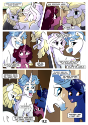 Size: 2100x3000 | Tagged: safe, artist:loryska, imported from derpibooru, fancypants, fleur-de-lis, prince blueblood, oc, oc:indigo sky, oc:la belle estelle, pony, unicorn, comic:friendship grows, eyes closed, female, frown, grin, high res, horn, magical lesbian spawn, male, mare, offspring, older, open mouth, open smile, parent:trixie, parent:twilight sparkle, parents:twixie, smiling, stallion, unicorn oc