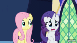 Size: 640x360 | Tagged: safe, imported from derpibooru, screencap, fluttershy, rarity, pegasus, pony, unicorn, a matter of principals, season 8, spoiler:s08, animated, duo, eyes closed, female, gif, gifs.com, mare, nose in the air, open mouth, twilight's castle