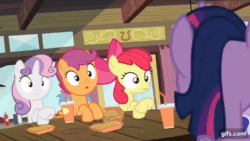 Size: 640x360 | Tagged: safe, imported from derpibooru, screencap, apple bloom, scootaloo, sweetie belle, twilight sparkle, alicorn, earth pony, pegasus, pony, unicorn, season 4, twilight time, :i, :o, animated, apple bloom's bow, bow, burger, cutie mark crusaders, female, filly, foal, food, gif, gifs.com, grin, hair bow, hay burger, hug, kissy face, mare, open mouth, smiling, spread wings, twilight sparkle (alicorn), wings
