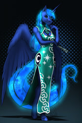 Size: 853x1280 | Tagged: safe, imported from ponybooru, princess luna, alicorn, anthro, unguligrade anthro, cheongsam, clothes, dress, fan, female, hand fan, looking at you, mare, patterned background, side slit, solo, total sideslit