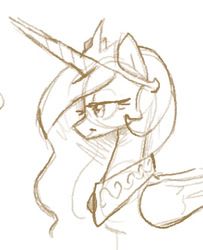 Size: 349x430 | Tagged: safe, artist:plunger, princess celestia, alicorn, pony, bust, crown, female, jewelry, looking at something, mare, monochrome, regalia, simple background, sketch, smiling, smug, solo, white background