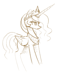 Size: 495x622 | Tagged: safe, artist:plunger, princess celestia, alicorn, pony, crown, female, jewelry, looking at something, mare, monochrome, neutral, regalia, simple background, sketch, solo, standing, white background