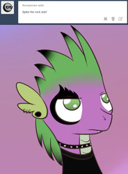 Size: 642x872 | Tagged: artist needed, safe, imported from ponybooru, spike, dragon, black eyeliner, choker, clothes, ear piercing, earring, eyeliner, goth, jewelry, makeup, male, piercing, rockstar, solo, spiked choker