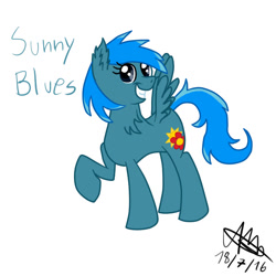 Size: 600x600 | Tagged: safe, artist:machacapigeon, imported from ponybooru, oc, oc:sunny blues, pegasus, pony, female, fluffy, signature, simple background, teeth, text, white background