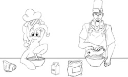 Size: 1200x720 | Tagged: safe, artist:machacapigeon, imported from ponybooru, pinkie pie, earth pony, human, pony, bowl, chef, chef's hat, cooking, crossover, female, flour, hat, jojo's bizarre adventure, male, measuring cup, milk, mixing bowl, monochrome, simple background, tongue out, tonio trussardi, white background