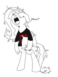 Size: 600x800 | Tagged: safe, artist:machacapigeon, imported from ponybooru, fluttershy, pegasus, pony, semi-anthro, bags under eyes, cannibal corpse, clothes, eyes closed, female, messy mane, messy tail, monochrome, open mouth, pillow, pun, shirt, teeth, yawn