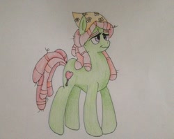 Size: 1280x1030 | Tagged: safe, artist:machacapigeon, imported from ponybooru, tree hugger, earth pony, pony, bandana, februpony, female, hat, lidded eyes, messy mane, simple background, solo, thick eyebrows, traditional art