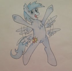Size: 1280x1261 | Tagged: safe, artist:machacapigeon, imported from ponybooru, oc, oc:sunny blues, pegasus, pony, februpony, female, flapping wings, fluffy, flying, open mouth, solo, traditional art, wings