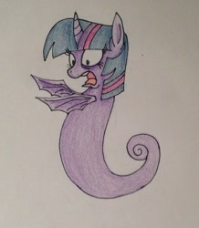 Size: 1114x1280 | Tagged: safe, artist:machacapigeon, imported from ponybooru, twilight sparkle, sea pony, bags under eyes, februpony, female, open mouth, seaponified, simple background, species swap, traditional art