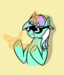 Size: 600x700 | Tagged: safe, artist:machacapigeon, imported from ponybooru, lyra heartstrings, pony, unicorn, baseball cap, cap, februpony, female, finger gun, finger guns, hat, magic, simple background, smiling, solo, sunglasses, yellow background