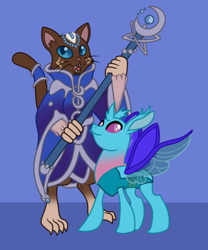 Size: 500x600 | Tagged: safe, artist:machacapigeon, imported from ponybooru, oc, cat, changedling, changeling, changedling oc, changeling oc, clothes, duo, female, furry, hfh, open mouth, simple background, staff, wings extended