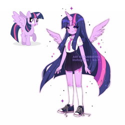 Size: 800x800 | Tagged: safe, artist:bambieyhs, imported from derpibooru, twilight sparkle, alicorn, human, pony, clothes, cute, cutie mark on human, female, horn, horned humanization, human ponidox, humanized, long hair, necktie, pleated skirt, pony coloring, self paradox, self ponidox, simple background, skirt, solo, twiabetes, twilight sparkle (alicorn), white background, winged humanization, wings