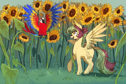 Size: 1800x1200 | Tagged: safe, artist:duckjifs246, imported from derpibooru, oc, oc only, bird, parrot, pegasus, pony, commission, female, flower, mare, open mouth, open smile, smiling, solo, spread wings, sunflower, wings