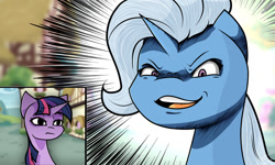 Size: 1280x768 | Tagged: safe, artist:those kids in the corner, imported from derpibooru, trixie, twilight sparkle, pony, unicorn, bust, duo, duo female, eyebrows, eyebrows visible through hair, female, frown, jojo reference, mare, meme, open mouth, open smile, ponyville, smiling, wojak