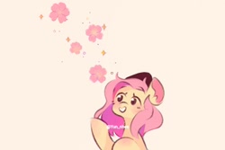 Size: 1500x1000 | Tagged: safe, artist:yun_nhee, imported from derpibooru, fluttershy, pony, blushing, bust, cherry blossoms, cute, ear fluff, female, flower, flower blossom, mare, pink background, shyabetes, simple background, solo