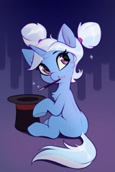 Size: 1086x1616 | Tagged: safe, artist:taneysha, imported from derpibooru, trixie, pony, unicorn, alternate hairstyle, blank flank, chest fluff, cute, diatrixes, female, filly, filly trixie, hat, magic wand, mouth hold, pigtails, solo, top hat, younger