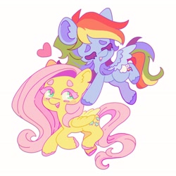 Size: 2048x2048 | Tagged: safe, artist:660px, artist:speltfields, imported from derpibooru, fluttershy, rainbow dash, pegasus, pony, beanbrows, chibi, colored eyelashes, colored pupils, duo, eyebrows, female, flutterdash, heart, lesbian, shipping