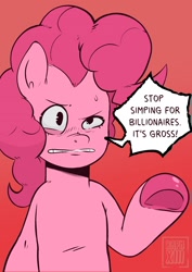 Size: 1240x1748 | Tagged: safe, artist:raph13th, imported from derpibooru, pinkie pie, earth pony, pony, dialogue, disgusted, gradient background, grimace, mouthpiece, pointing, politics, red background, simple background, solo, speech bubble, sweat, underhoof