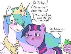 Size: 1895x1428 | Tagged: safe, artist:hyakuen, imported from derpibooru, princess celestia, spike, twilight sparkle, alicorn, dragon, pony, unicorn, ..., blushing, confession, crying, ethereal mane, eye clipping through hair, eyebrows, eyebrows visible through hair, female, frown, funny, grin, hoof on chest, lesbian, lesbian in front of boys, looking at each other, looking at someone, male, mare, open mouth, open smile, shipping, shocked, shocked expression, signature, simple background, smiling, spike is not amused, tears of joy, trio, twilestia, unamused, unicorn twilight, white background