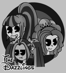 Size: 891x979 | Tagged: safe, artist:knackmaster77, imported from derpibooru, adagio dazzle, aria blaze, sonata dusk, human, equestria girls, 2017, black and white, bust, grayscale, monochrome, old art, rubber hose animation, the dazzlings