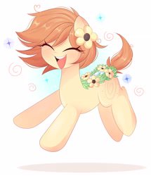 Size: 3808x4429 | Tagged: safe, artist:arwencuack, imported from derpibooru, oc, oc only, oc:thursday, earth pony, pony, 4chan, cute, female, flower, flower in hair, happiness, happy, jumping, mare, simple background, smiling, solo, thursday, weekday ponies, white background