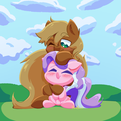 Size: 2000x2000 | Tagged: safe, artist:headhazed, imported from derpibooru, diamond tiara, oc, oc:jack of trades, earth pony, pony, blushing, cloud, earth pony oc, eyes closed, female, field, filly, foal, grass, head pat, hug, hug from behind, one eye closed, pat, sitting, size difference, sky