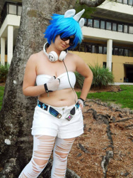 Size: 720x960 | Tagged: safe, artist:chibi chuu, artist:krazykari, imported from derpibooru, photographer:sleepingkumaphotography, dj pon-3, vinyl scratch, human, 2014, bare shoulders, belly button, breasts, clothes, cosplay, costume, headphones, irl, irl human, photo, sleeveless, solo, strapless