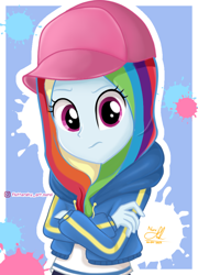 Size: 680x946 | Tagged: safe, artist:fluttershy_art.nurul, imported from derpibooru, rainbow dash, human, equestria girls, alone, cape, clothes, drawing, hat, hijab, islam, jacket, looking at you, pink eyes, shirt, solo, veil