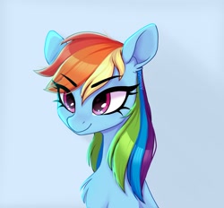 Size: 1948x1807 | Tagged: safe, artist:_alixxie_, imported from derpibooru, rainbow dash, pegasus, pony, bust, eye clipping through hair, eyebrows, eyebrows visible through hair, female, light blue background, mare, portrait, signature, simple background, smiling, solo