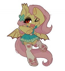 Size: 1344x1490 | Tagged: safe, artist:oofycolorful, imported from derpibooru, fluttershy, bat pony, semi-anthro, bat ponified, clothes, dress, equestria girls outfit, female, flutterbat, fluttershy boho dress, needy girl overdose, needy streamer overload, race swap, solo